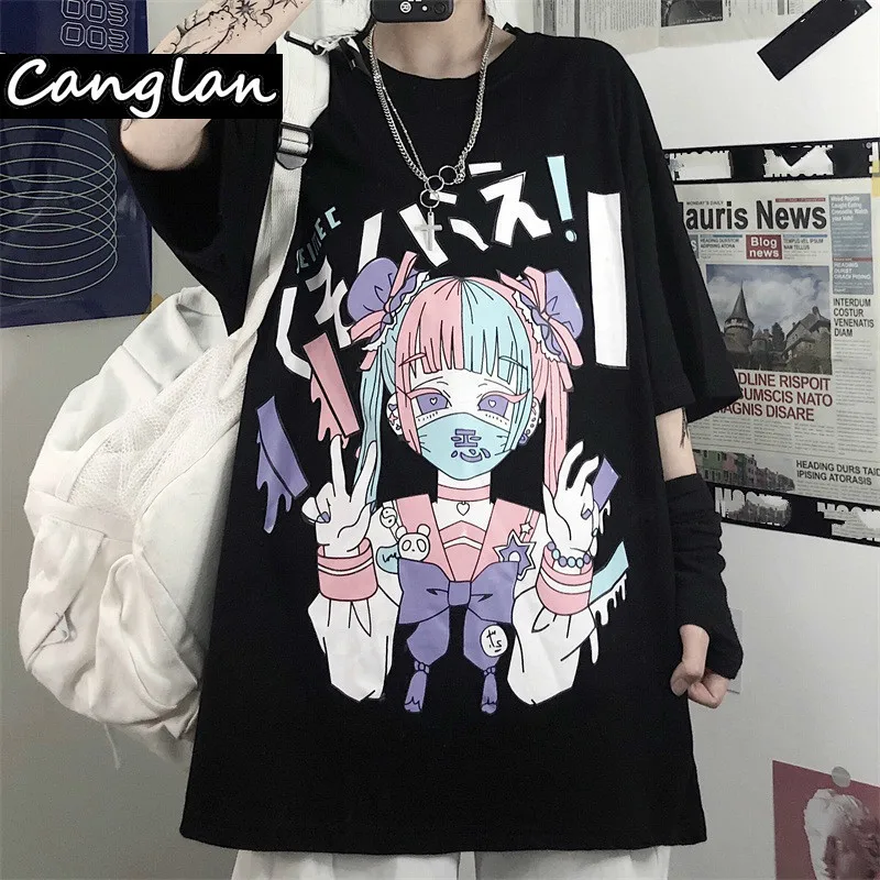 

Gothic Print Women Harajuku T-shirt Summer Cotton Tshirt Fairy Grunge Tee Top Egirl Pastel Goth Clothing Anime Emo Alt Clothes