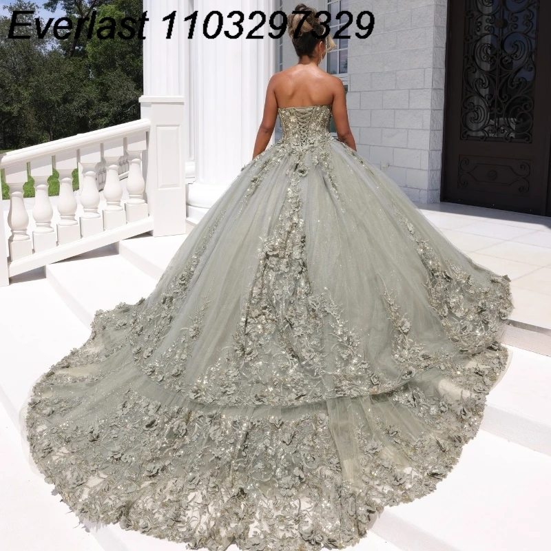 EVLAST блестящее зеленое платье для Quinceanera 2024 бальное 3D Цветочная аппликация бисер