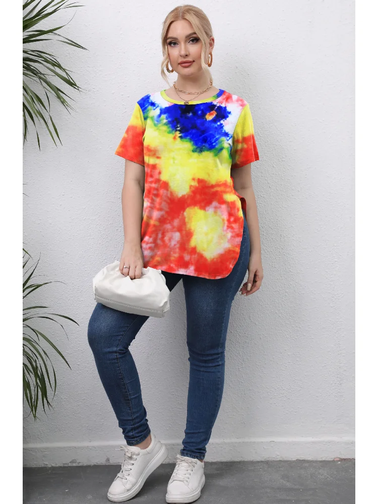 Women's clothing, non positioning printed T-shirt, split short sleeved casual round neck pullover top plus size blouse