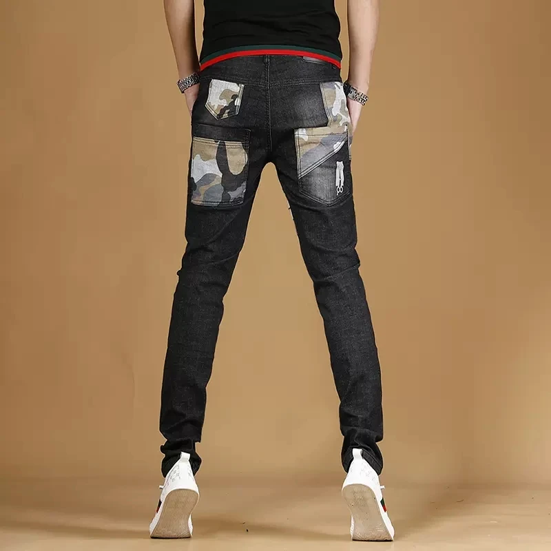 Camouflage Patchwork Black Jeans Men Summer Streetwear Regular Straight Pants Korean Style Casual Stretch Denim Trousers