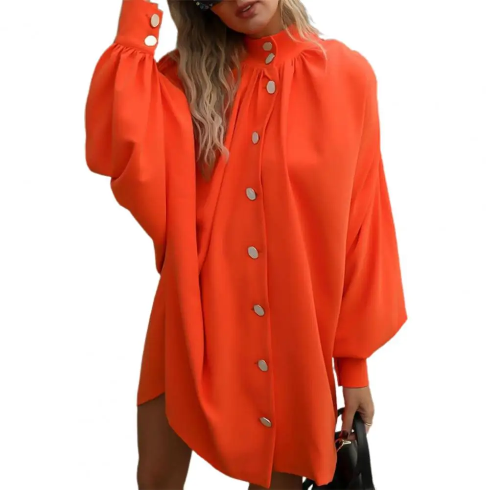 

Women Stand Collar Ruched Shoulder Lantern Long Sleeve Shirt Mid-Length All-match Single Breasted Blouse Lady Shirt Tops