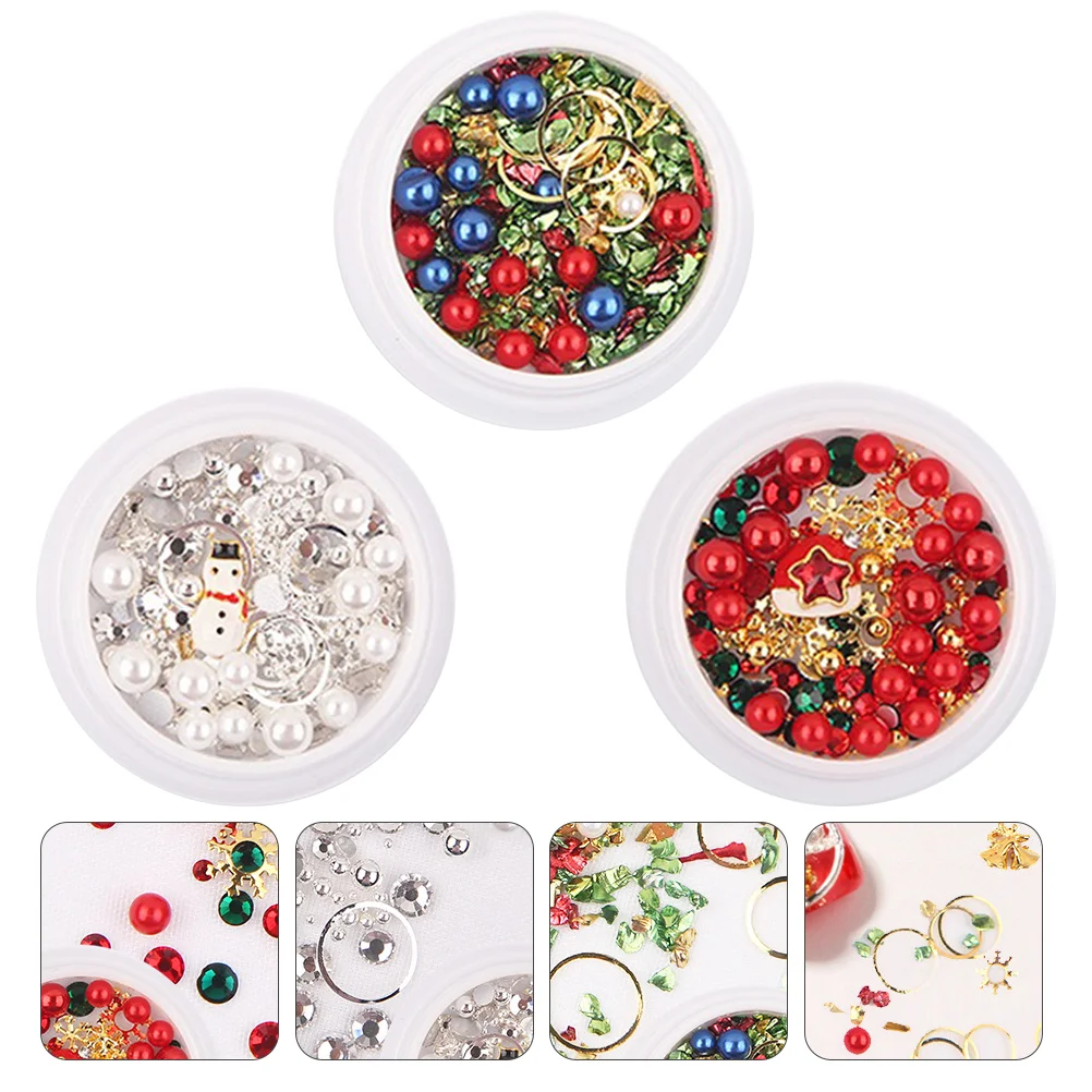 

3 Boxes Christmas Nail Ornaments Rhinestone Nails Sticker Rhinestones Plastic
