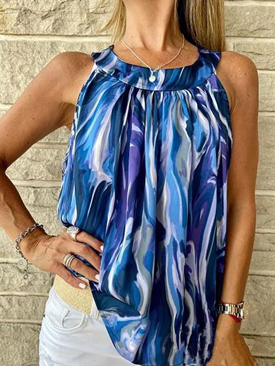 

2023 Summer One Button Style Sleeveless Round Neck Printed Top Elegant Women's Fashion High Neck Loose Slim T-shirt Ropa Coreana