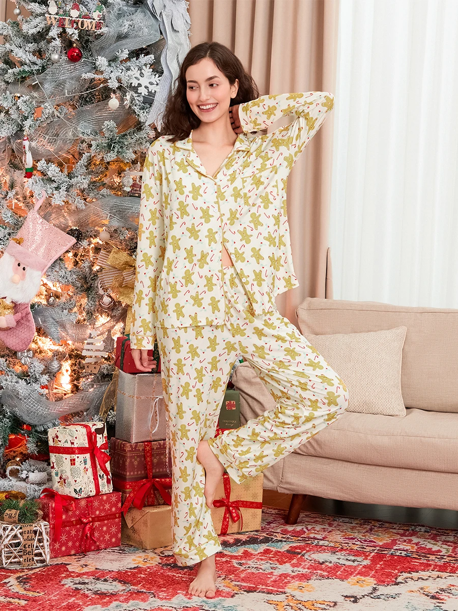 Женский рождественский пижамный комплект пряничный человечек топы с лацканами и