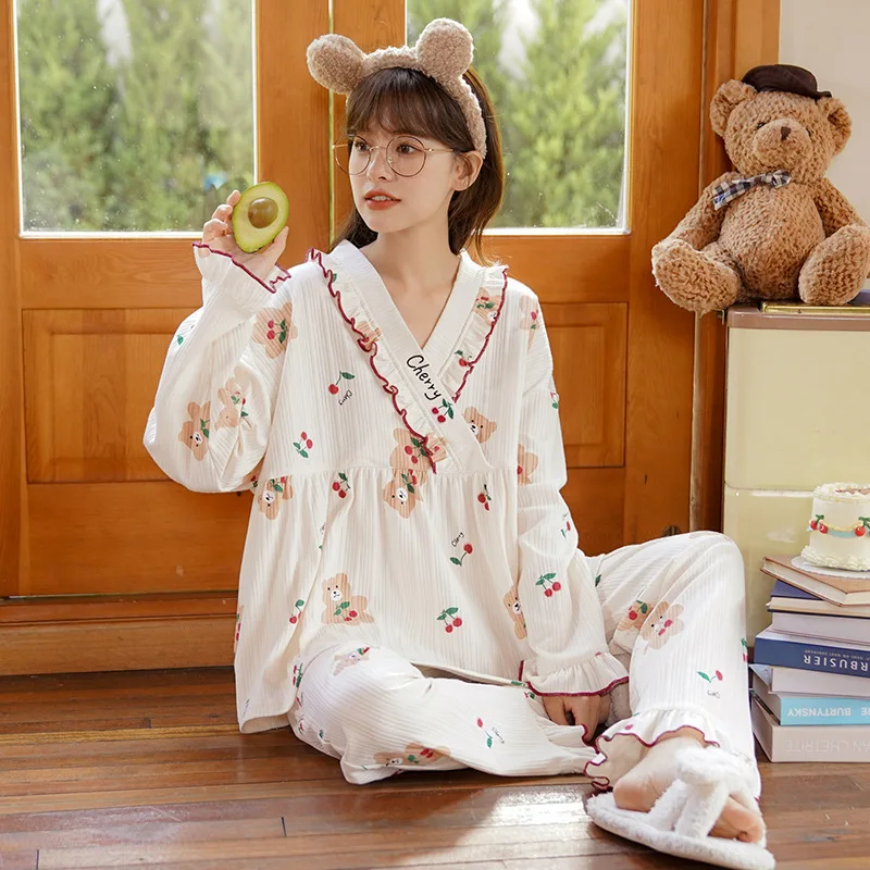 

Осенний тонкий пижамный комплект из 2 предметов, Женская полностью пижама из 2022 хлопка с круглым вырезом и цветочным принтом, пижама, беспла...