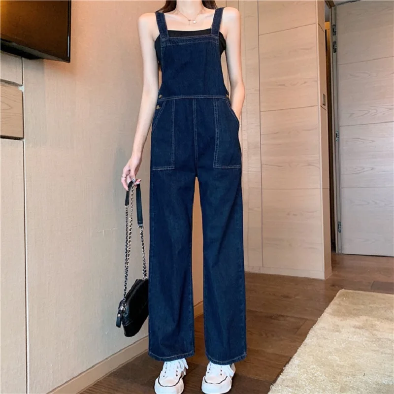 Denim Suspenders Jumpsuits Rompers Women 2022 Spring Casual Straight High Waist Thin One-piece Pantschic Wide Leg Long Pantsuits