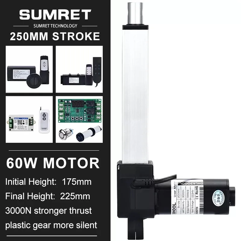 250mm Stroke Linear Actuators Kit RF Wifi Controller For Medical Devices Industrial DC 12V 24 Volt Electric Motor 3000N Lift