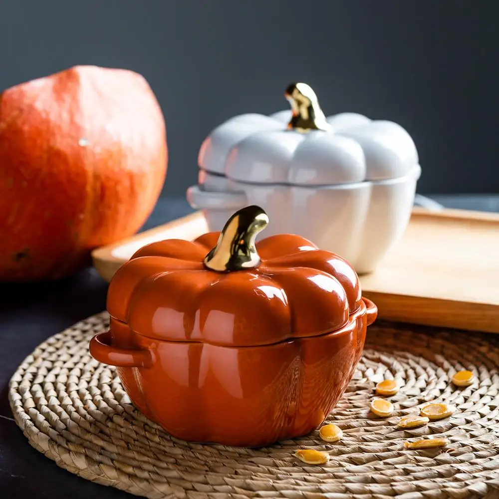 

Pumpkin Shape Baking Bowl With Lid Glaze Au Gratin Soup Salad Bowl Kitchen Bakeware Oven Party Baking Pan Supplies