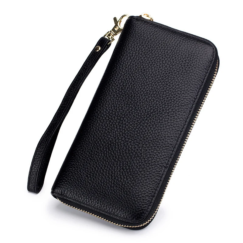 Women Genuine Leather Long Wallet European and American Style Fashion Tassel Zipper Cow Leather Purses Clutch Anti-theft Brush