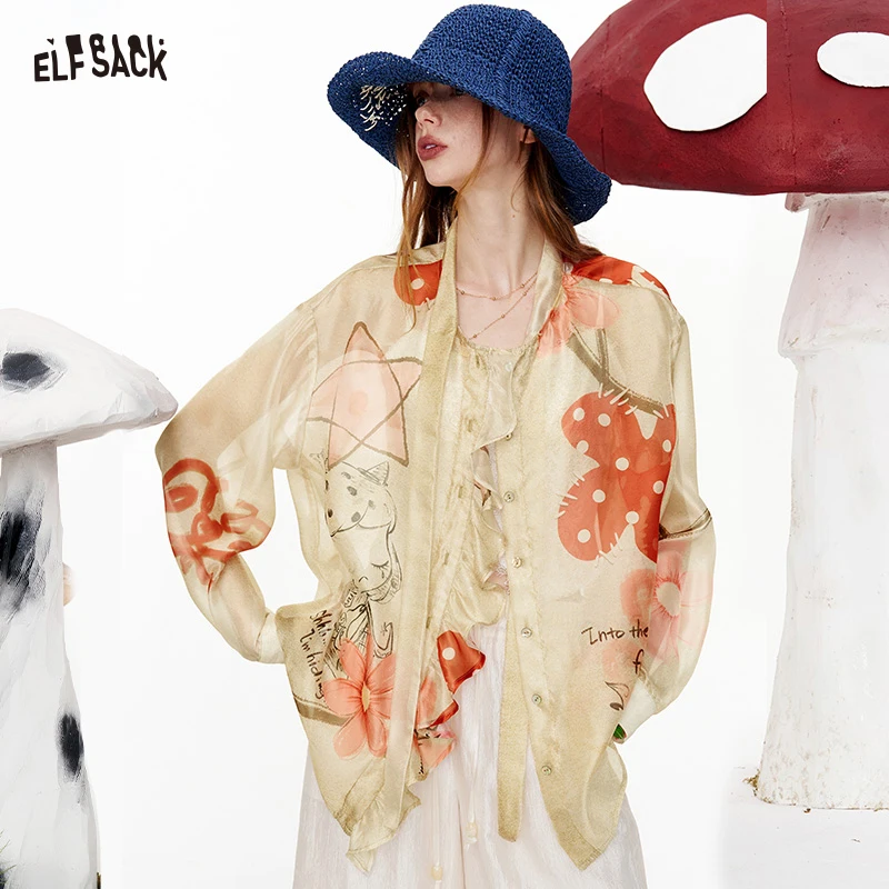 Фото Прозрачная блузка ELFSACK с милым мультяшным принтом, рубашка с длинными рукавами и рюшами, винтажный повседневный топ в стиле фейрикор для женщин №1