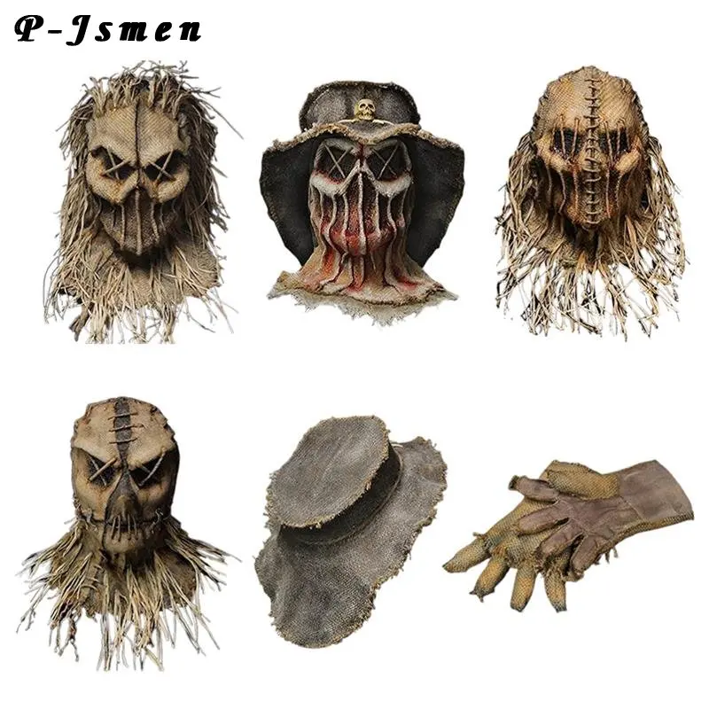 

P-jsmen Halloween Scary Scarecrow Mask Creepy Head Cover with Gloves Hat Cosplay Costume Props for Carnival Themed Party