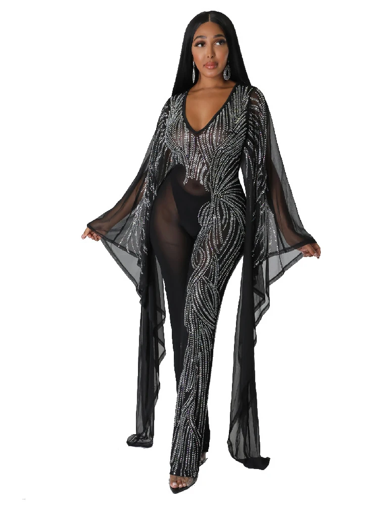 

African Jumpsuits Clothes Women Flare Sleeve V Neck Rompers Fashion New Diamond Mesh See Through Sexy African Jumpsuits Overalls