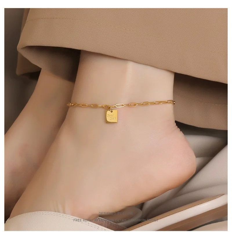 

Simple Titanium Steel Metal New Niche Design Sense of Korean Temperament Retro Goodluck Square Brand Beach Anklet Female