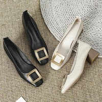 2022 chunky wooden heels pumps woman leather shoes metal button high heeled shoes ladies dressy office mary jeans femmes tacones