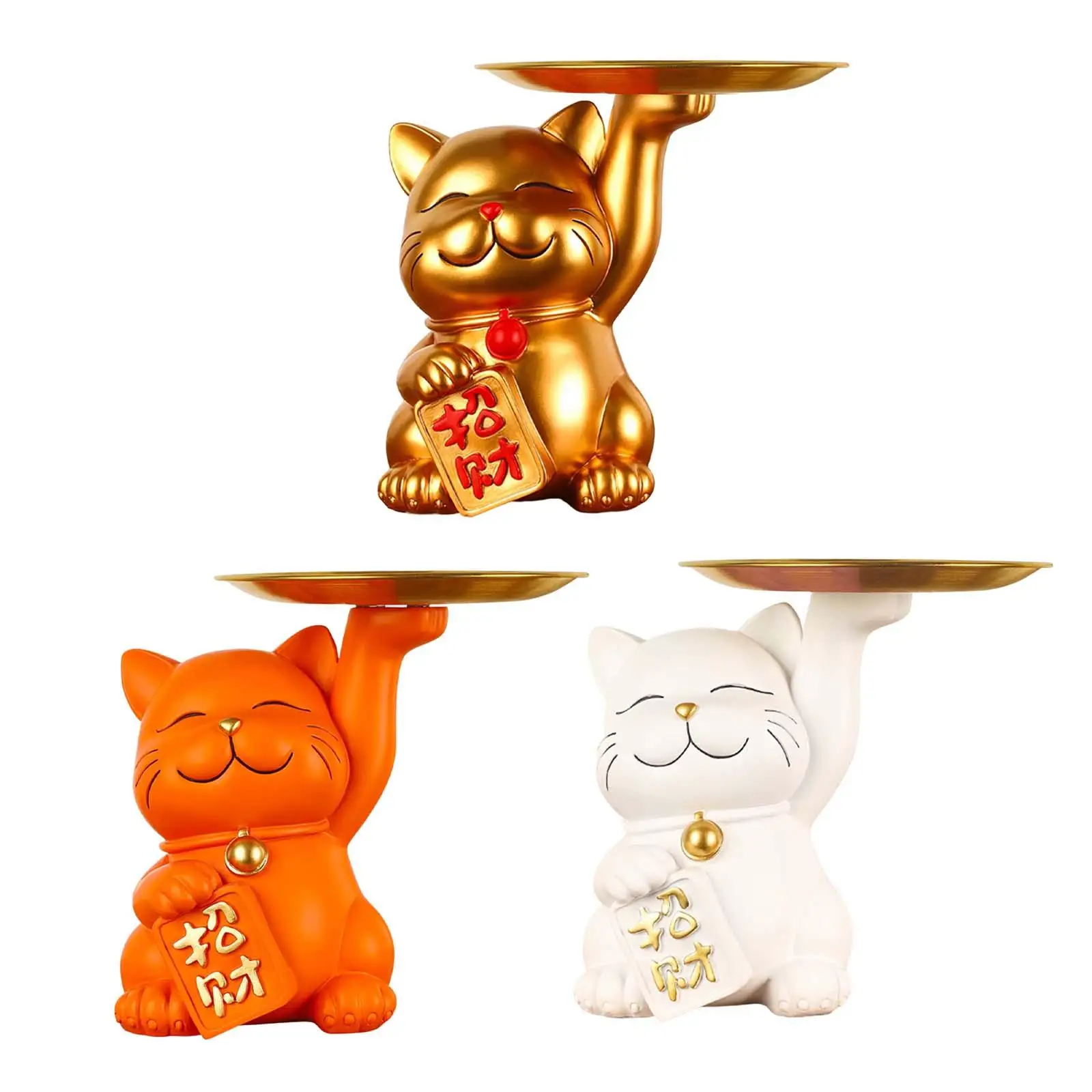 

Resin Cute Cat Statue Storage Tray Key Storage Holder Sculpture Modern for Entryway Living Room Restaurant Apartment Decoration