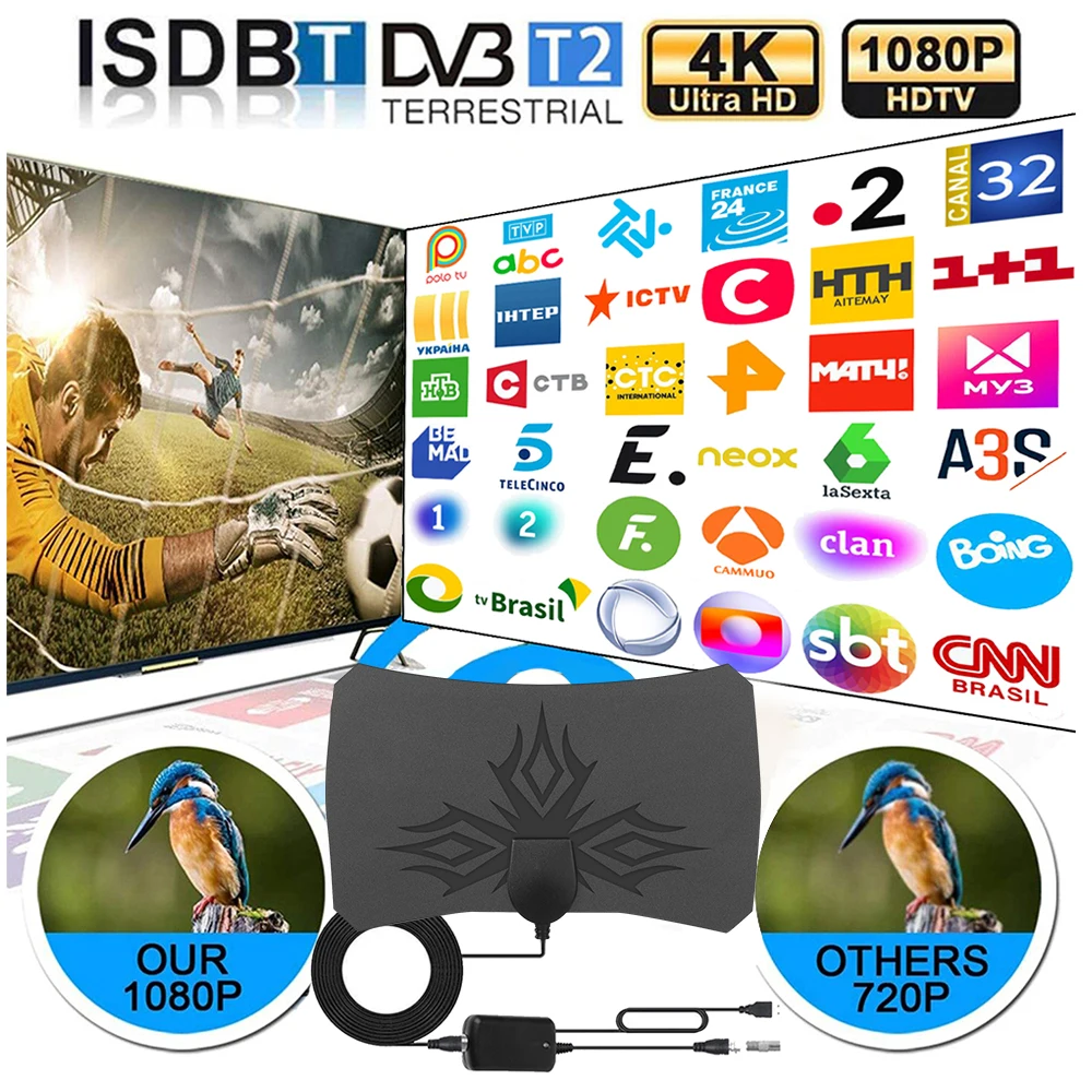 Kebidumei Antenna TV Digital Antena HDTV 4k Interior Indoor HD High Gain Amplified Booster Satellite Receiver Miles Aerial