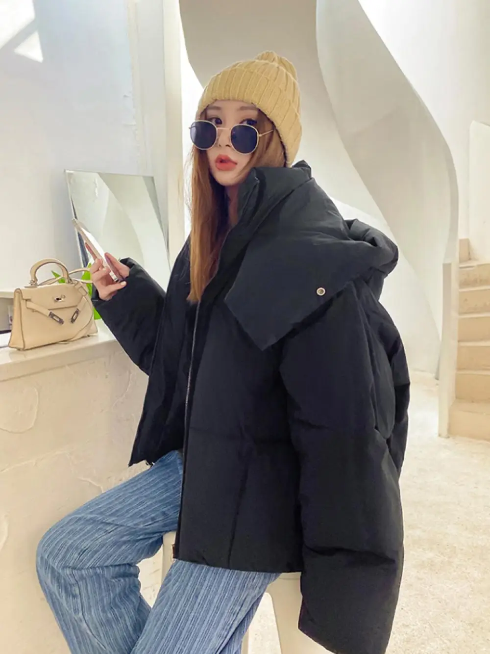 Winter Women Solid Thick Warm Oversize Parkas Loose Down Jacket Female 2022 Korean Elegant Hooded Cotton Jacket Winter Coats