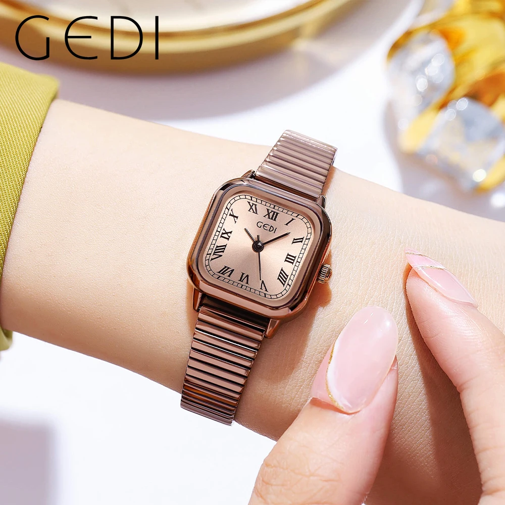 GEDI Coffee Gold Stainless Steel Women Watches Luxury Bamboo Joint Strap Waterproof Ultra-thin Ladies Watch Fashion Quartz Clock