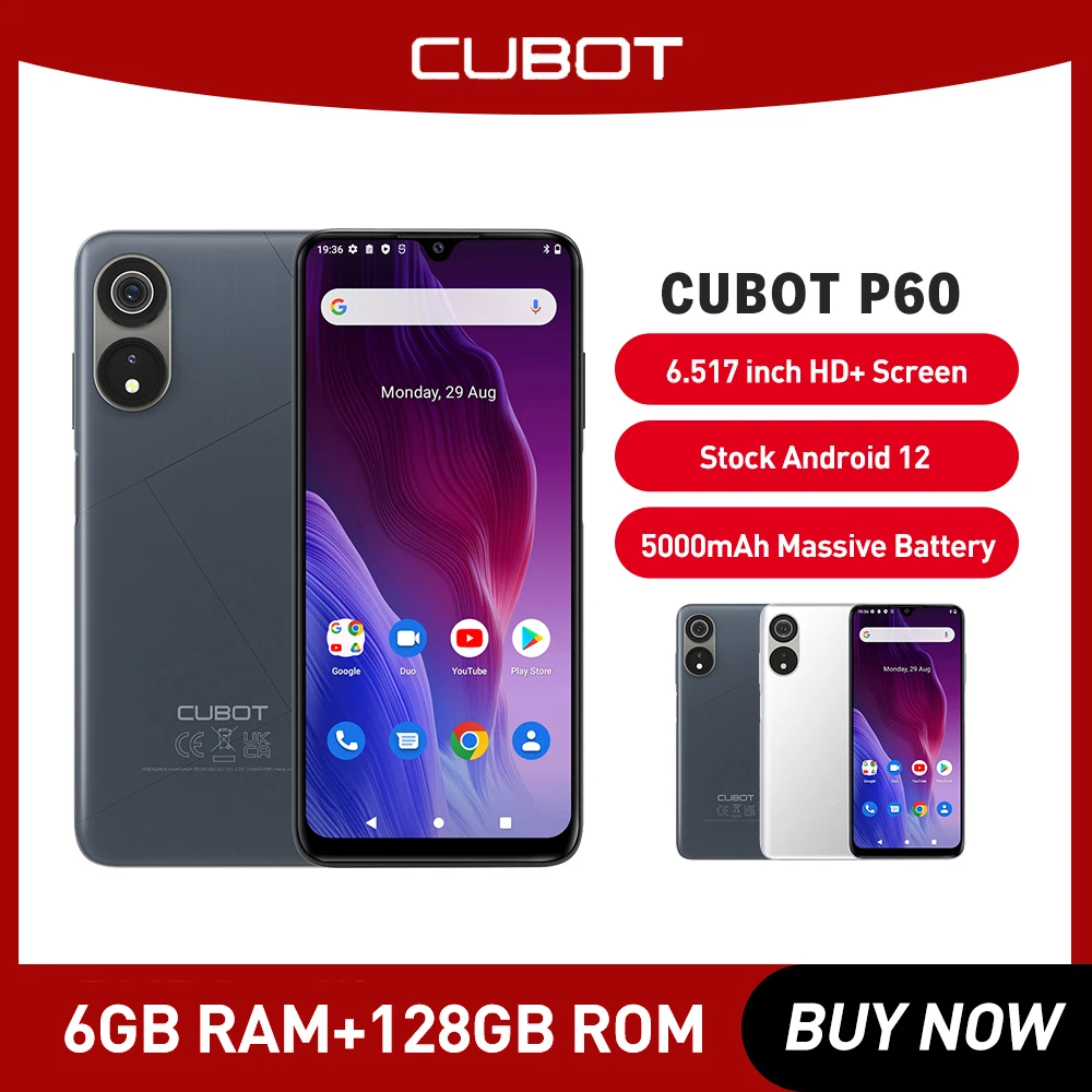 Cubot P60 6GB+128GB Android 12 Smartphone 20MP Camera 5000mAh Dual SIM 4G Cellphone 6.517 Inch HD Screen Mobile Phone