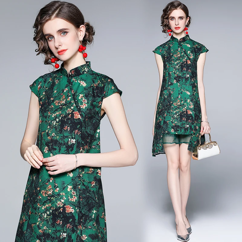 

Vintage Woman Dress Chinese Style Female Cheongsam Printing Short Sleeve Button Dresses Elegant Stand-up Collar Fashion Clothing