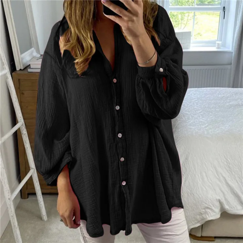 

Женские повседневные однотонные рубашки из хлопка и льна, модный Свободный Топ с длинным рукавом, Повседневный Кардиган с отложным воротни...