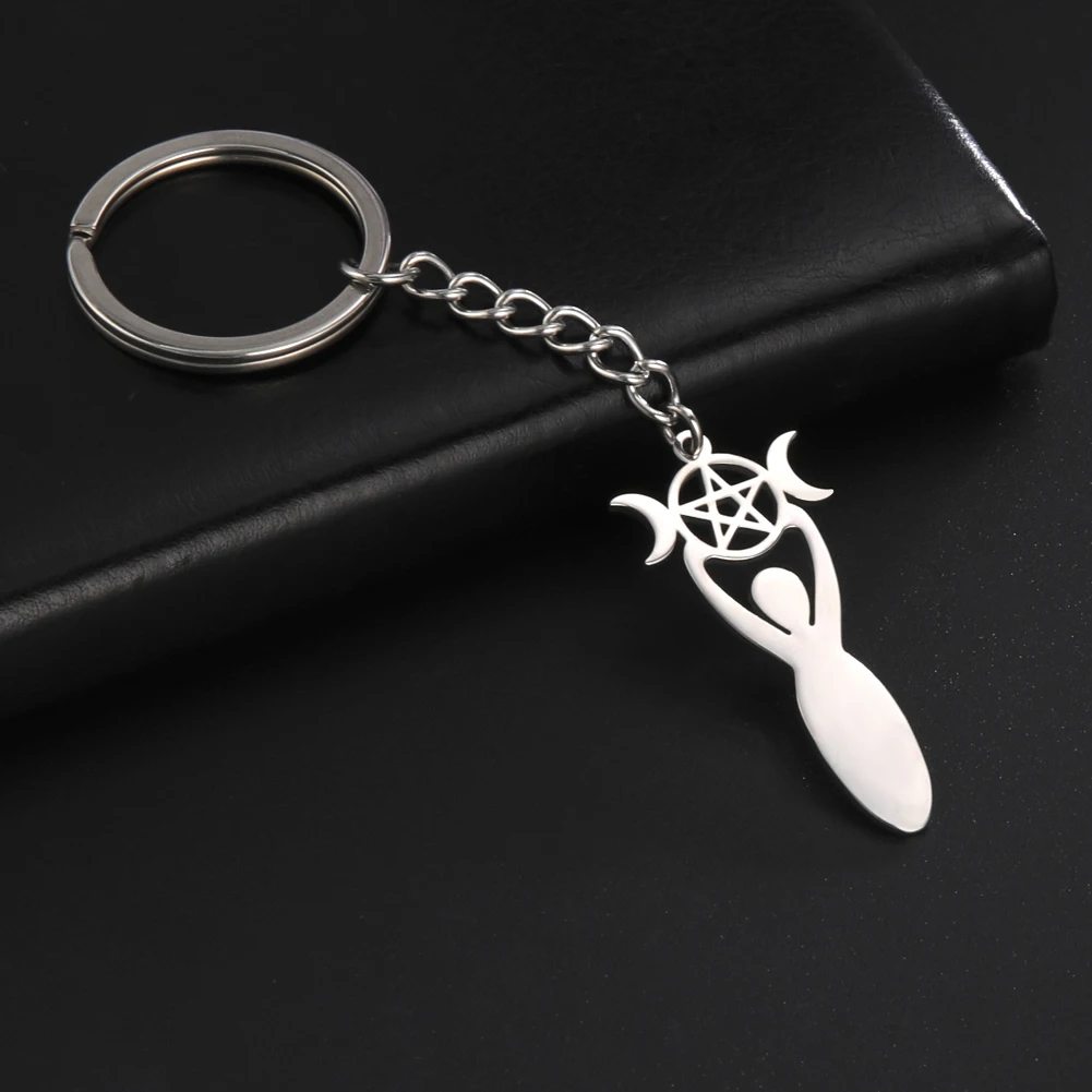 

COOLTIME Wicca Pentagram Pendant Keychain for Men Women Witch Pentacle Cresenct Moon Goddess Keyrings Amulet Jewlery Gift