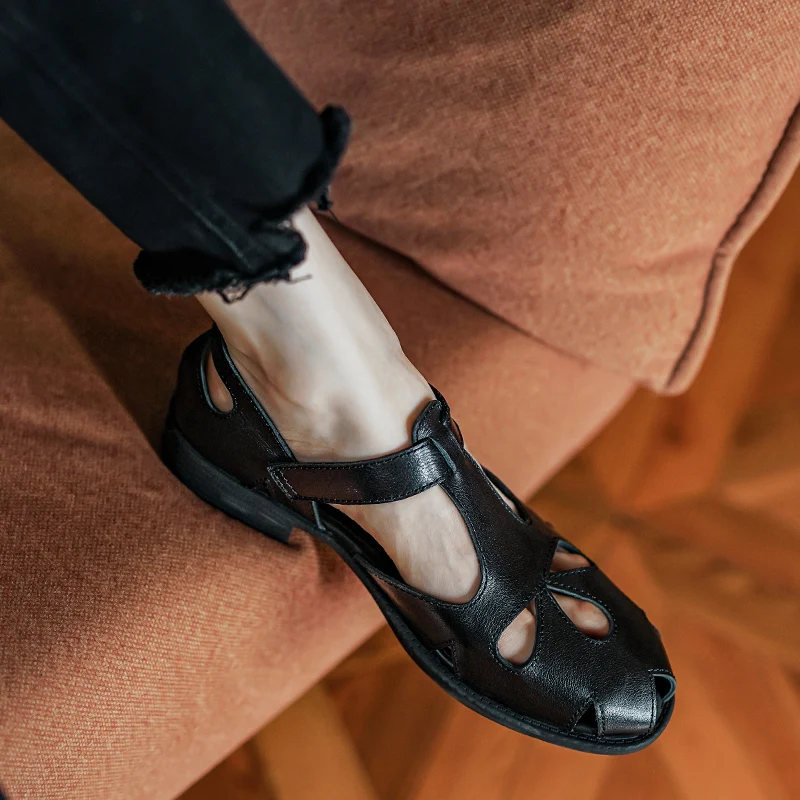 Summer Sandal Roman Style Womens' Sandals Vintage Gladiator Buckle Strap Closed Toe Shoes  Retro Ladies Cowhide Shoes For Spring