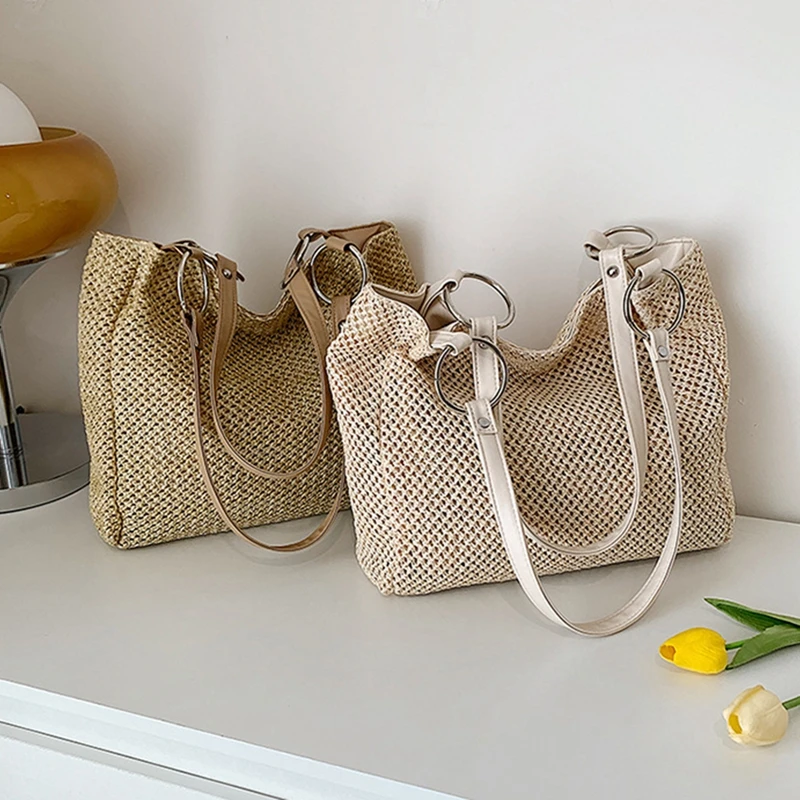 

Women Straw Shoulder Bag Retro Large Capacity Tote Bag Handbag Hobo Bag for Daily Shopping Beach Holiday