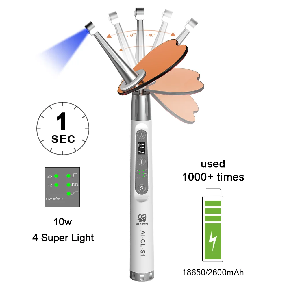 

AI-CL-S1 Dental Equipment Tools Wireless Led Oral 1second Curing Light 80 Degree Angle Head Swing Motion Cure Lamp 420 nm-515 nm