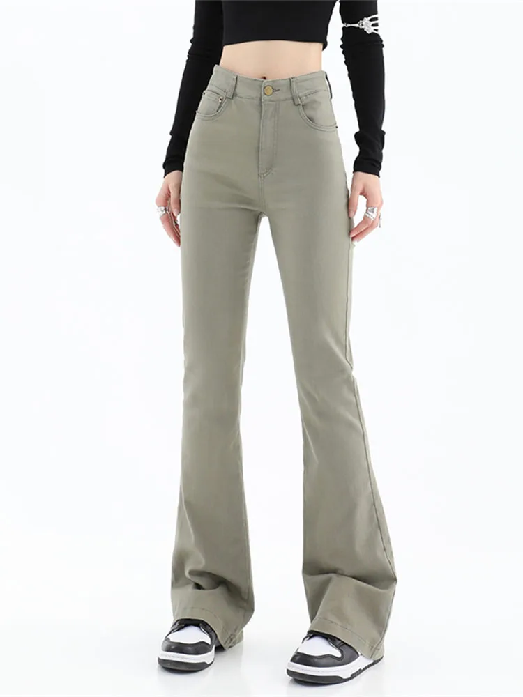 

Джинсы-клеш с заниженной талией, узкие брюки из денима в стиле ретро, модная уличная одежда в Корейском стиле Харадзюку, повседневные брюки-клеш зеленого цвета