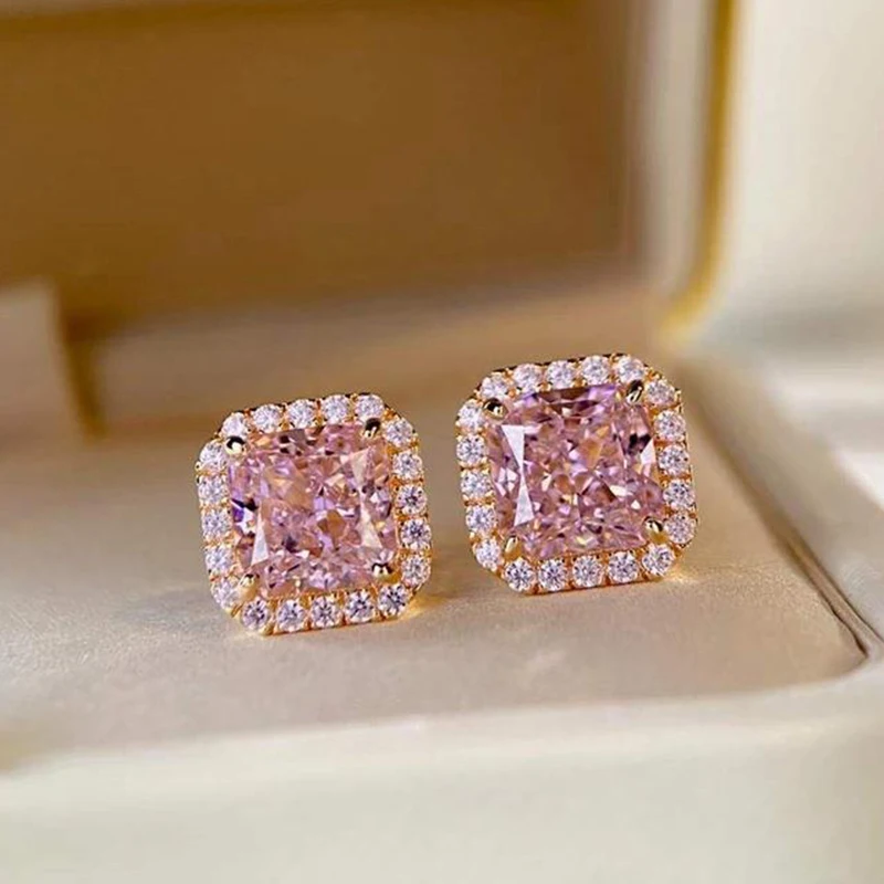 

Princess Cut Pink Stone Stud Earrings For Women Cubic Zirconia Rose Gold Color Wedding Ear Jewlery Teen Girls Wholesale KCE044