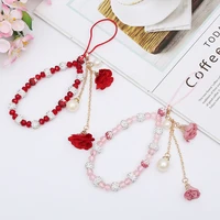 trendy attractive red resin inlaid cubic zirconia flower mobile phone chain womens mobile phone anti lost lanyard jewelry gifts