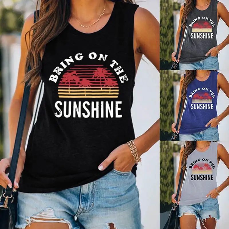New Summer Fashion BRINGONTHE Retro Casual Round Neck Sleeveless Letter Print Ladies Tank Top T-Shirt