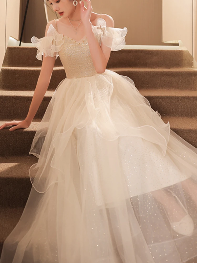 

Temperament Elegant Wedding Party Dress Boat Collar Slim Waist Tiered Evening Dresses 2023 New Pleated Women Prom Dresses