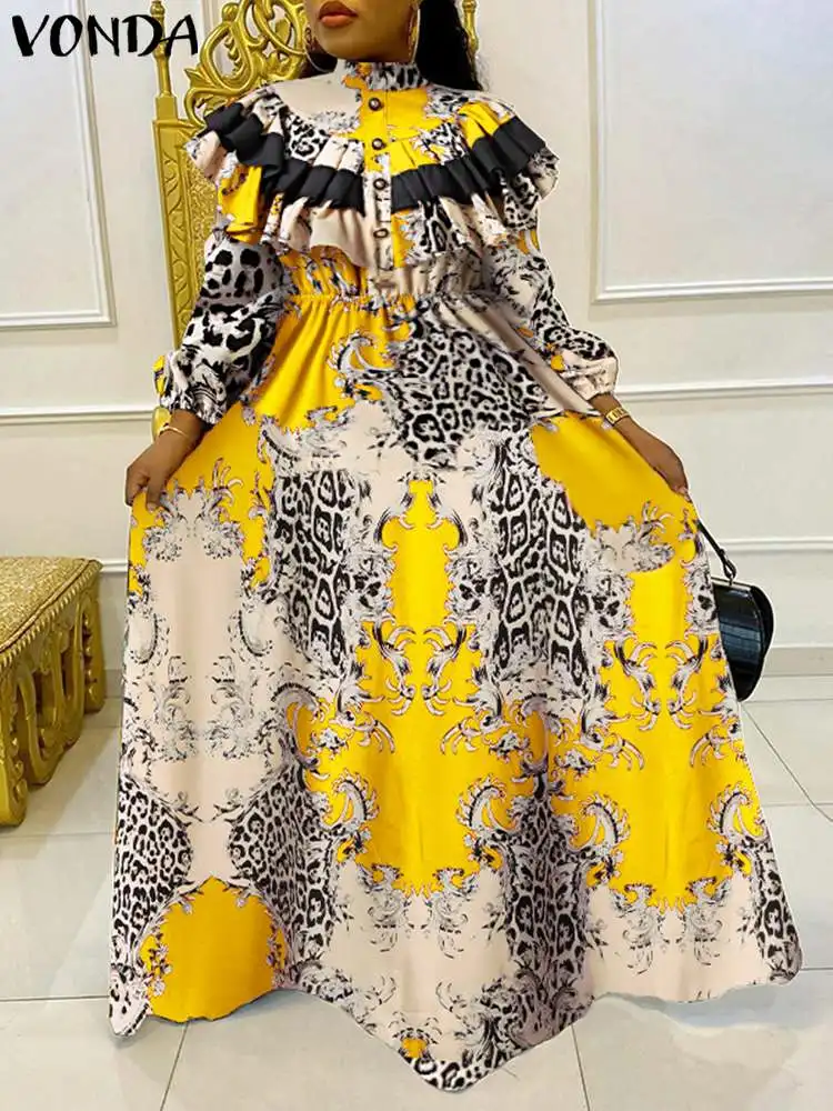 

Elegant Fashion Floral Printed Long Dress 2022 VONDA Women Long Sleeve Ruffled Party Vestidos Casual Pleated A Line Maxi Dresses