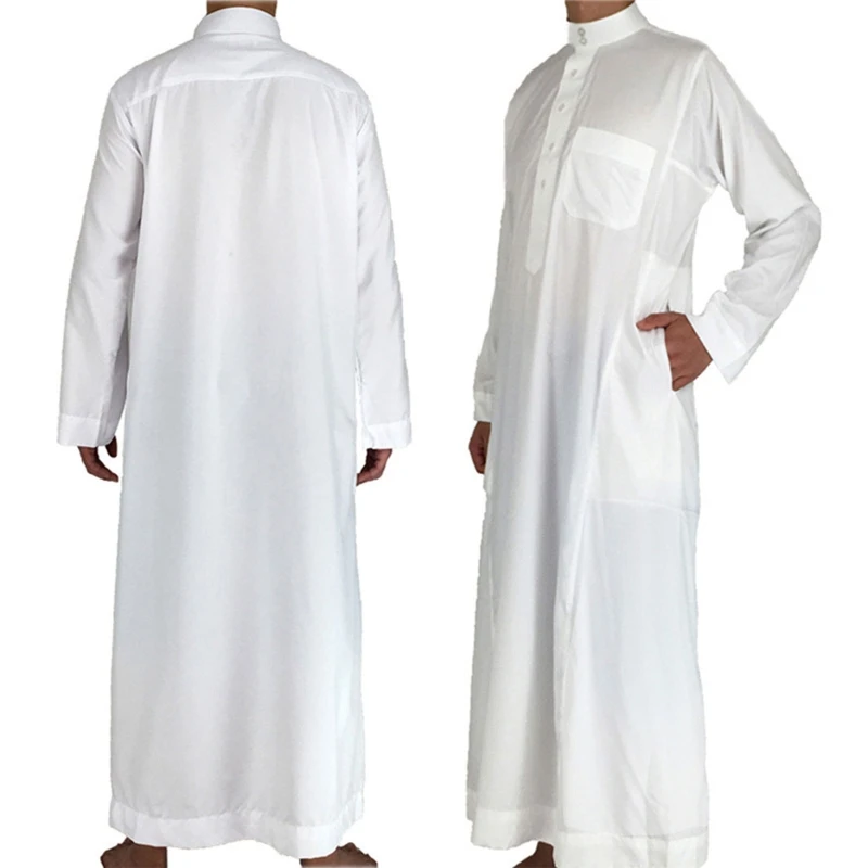 Vintage Simple Muslim Dress Caftan Robe Long Sleeve Stand Collar Jubba Thobe Man Leisure Dress Thobe Islamic Clothing