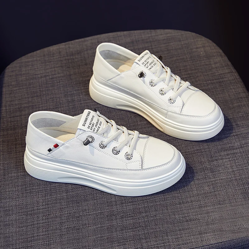 2023 women's platform sports shoes lace up fashion vulcanized shoes solid color comfortable skateboard casual white thick soled