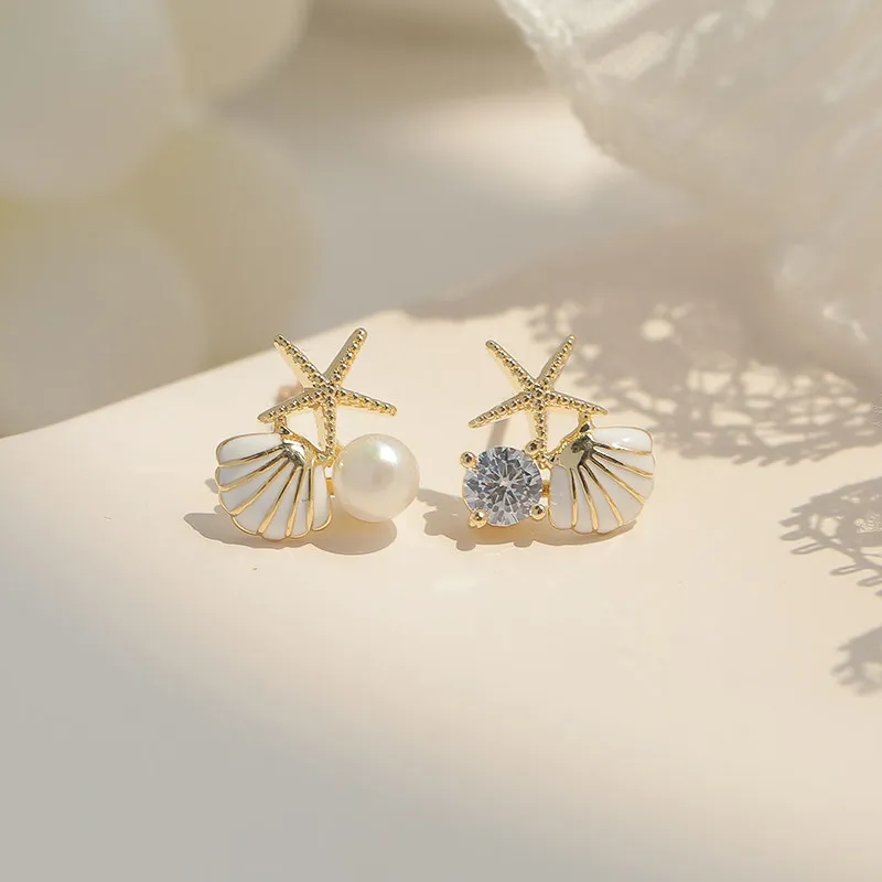 

Fashion s925 silver needle starfish shell pearl earrings metal sweet earrings Korean version ladies earrings gift