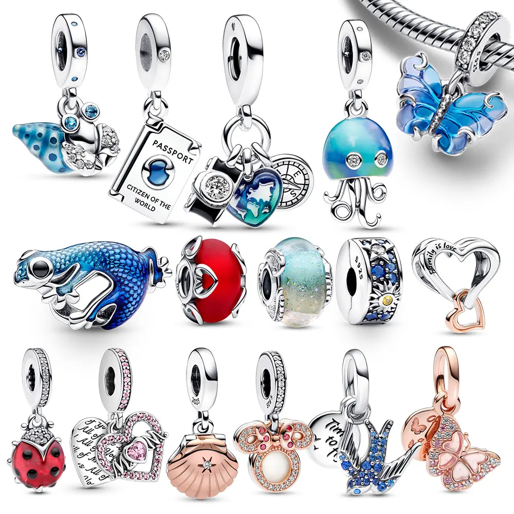 Breloques en argent regardé 2023 pour bracelet Pandora original, crabe, méduse, collier, pendentif papillon, voyage, été, nouveau, 925