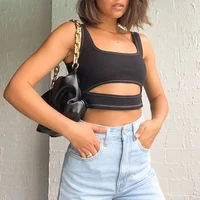 sexy black tanks shirt top sexy vest sleeveless u shaped collar hollow skinny crop tops women one shoulder basic casual clothes