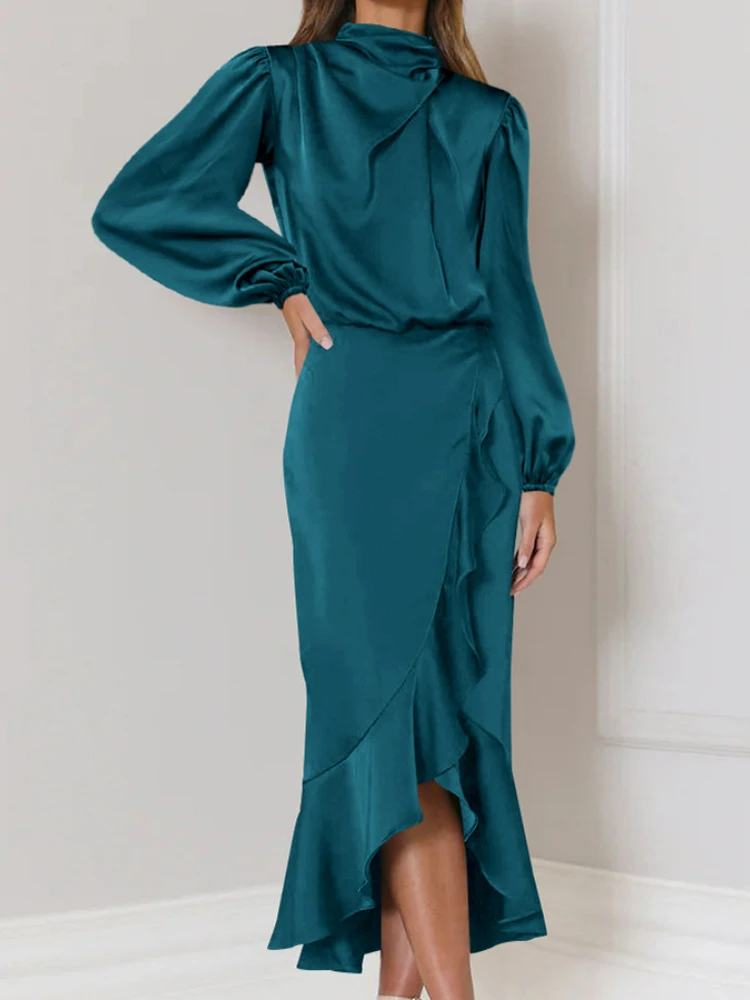 

Элегантное женское платье 2023, роскошное тонкое длинное платье с длинным рукавом и оборками, винтажное осеннее однотонное женское атласное платье