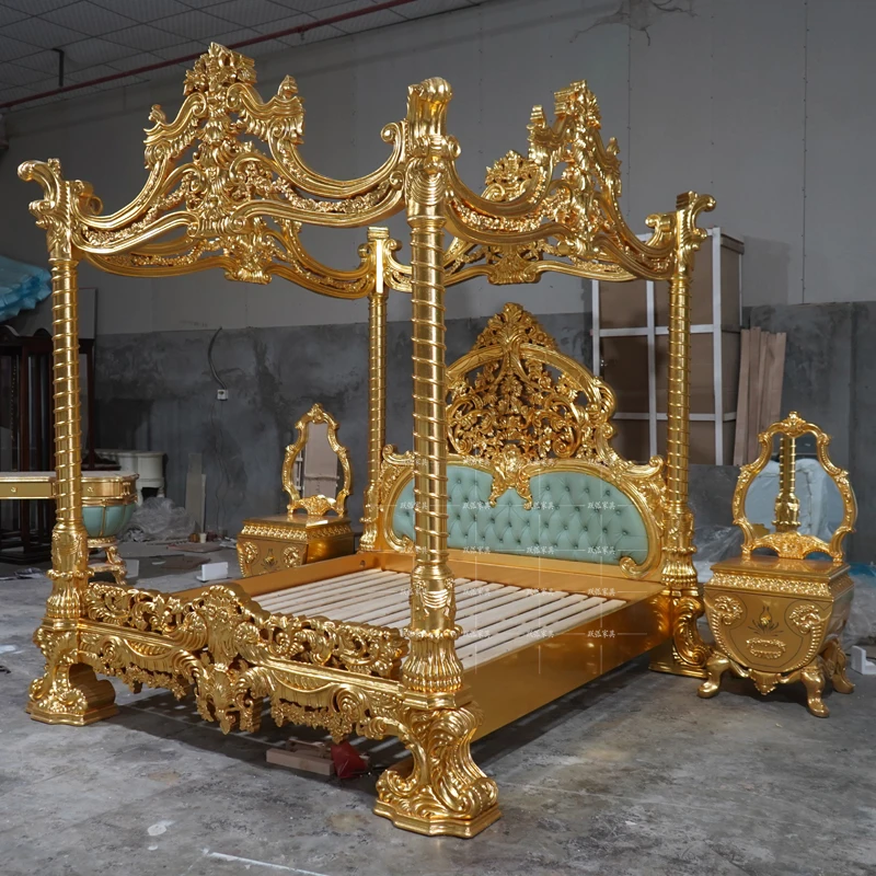 Court Luxury European-Style Wood Carving Canopy Bed French Gold Foil Leather Bed Princess Bed