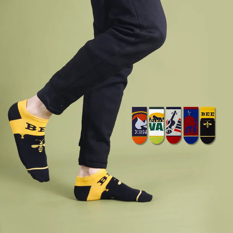 5 double brand Chinese style boys' pure cotton anti slip invisible ship socks men's cotton socks animals flowers gifts men socks