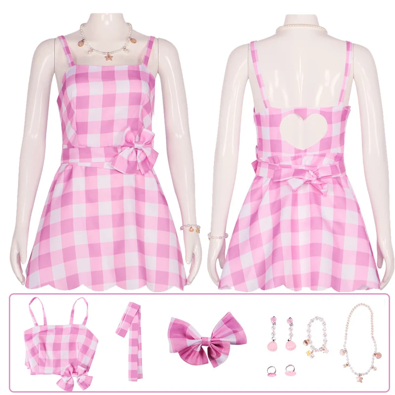 

New Movie Barbie Cosplay Costume Pink Dress and Accessories Adults Halloween Carnival Role Play Party for Gilrs Woman