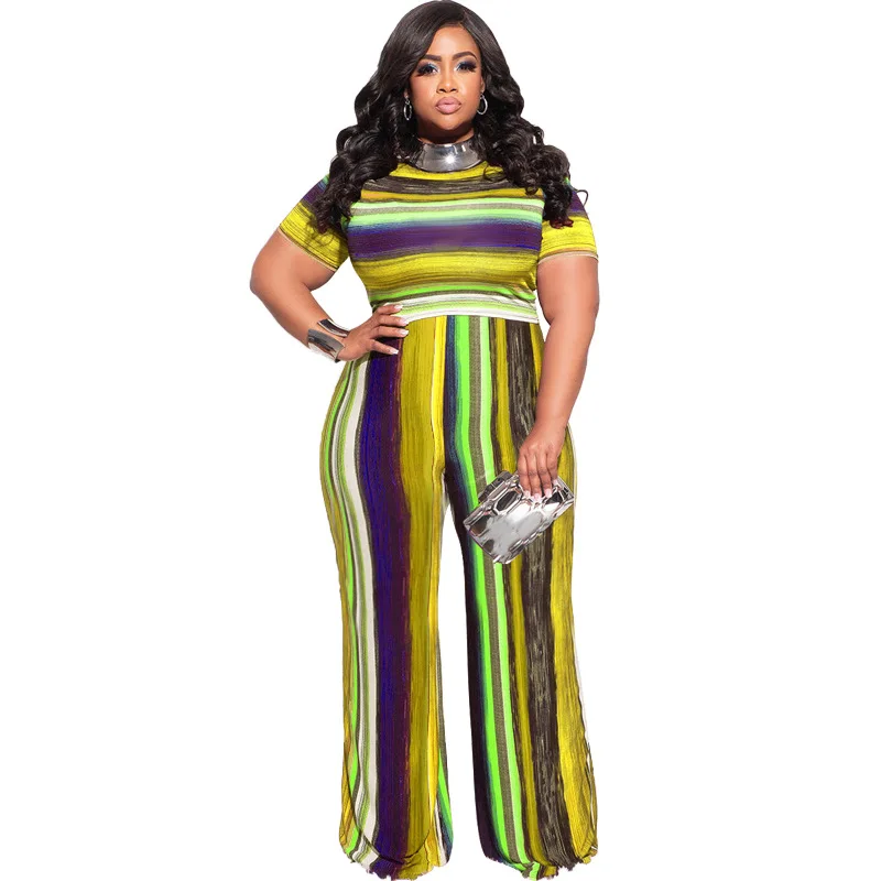 

Two Piece Tops Sets Women T Shirt And High Waist Wide Leg Pant Suits Sets 2022 Summer Colors Striped Street Style Casual Outfits