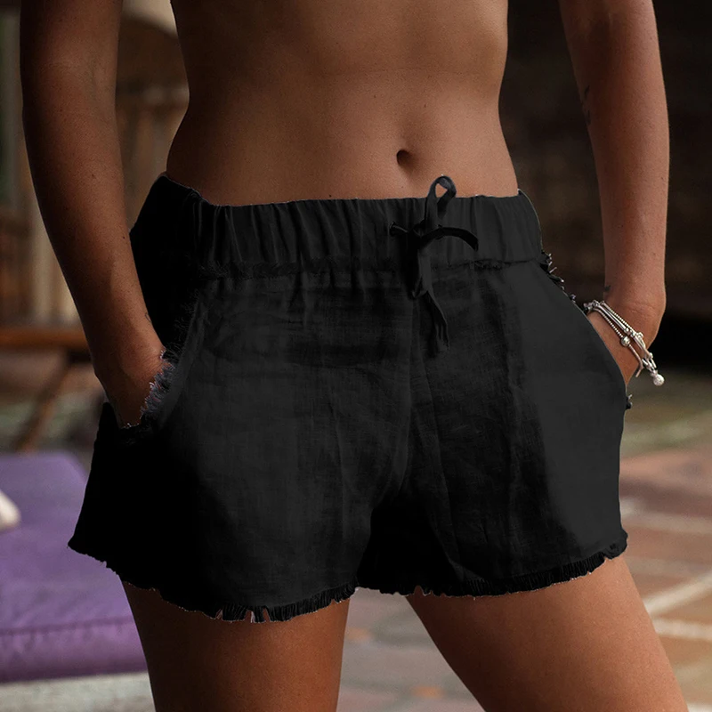 

Summer Pockets Cotton Linen Shorts Women Fashion Fringe Solid Color Shorts With Pockets Summer Shorts Femme