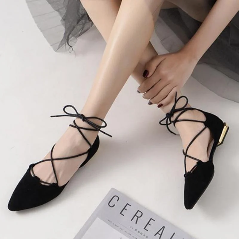 

Sexy Cross-tied Gladiator Summer Shoes Woman Pointe Toe Cut Out Flat Lace Up Ballet Flats Roman Style D'orsay Shoes Plus Size 43