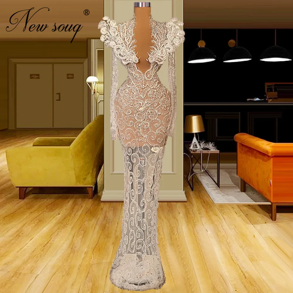 

See Thorugh Beading Crystals Evening Dresses Robes De Soiree Arabic Dubai Long Prom Dress 2022 Custom Made Women Celebrity Dress