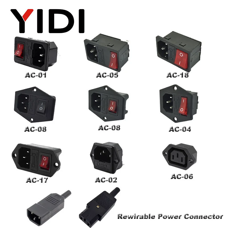 

IEC320 C14 inlet plug connector AC Power Socket 250V red lamp rocker Switch 10A fuse female rewirable power connector plug