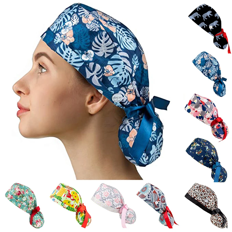 

Women Floral Working Bouffant Cap with Buttons Sweatband Adjustabe Ribbon Tie Ponytail Turban Scrub Hat Long Hair Cover